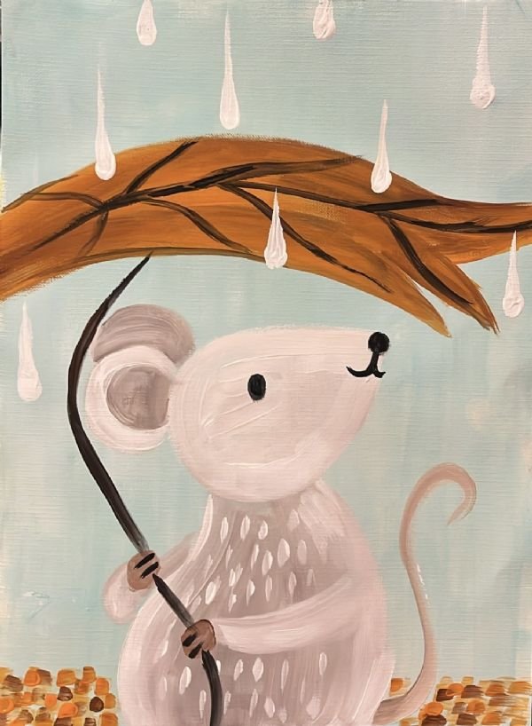 Painting of a cartoon mouse holding a leaf like an umbrella