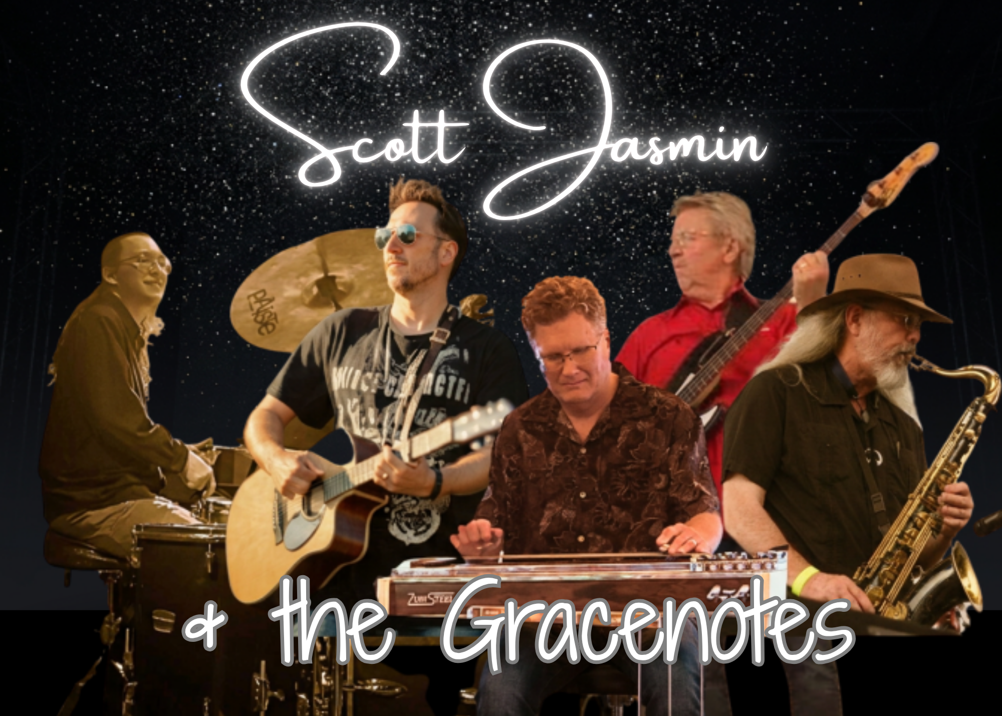 Image of 5 musicians playing their instruments against a dark starry backdrop.
