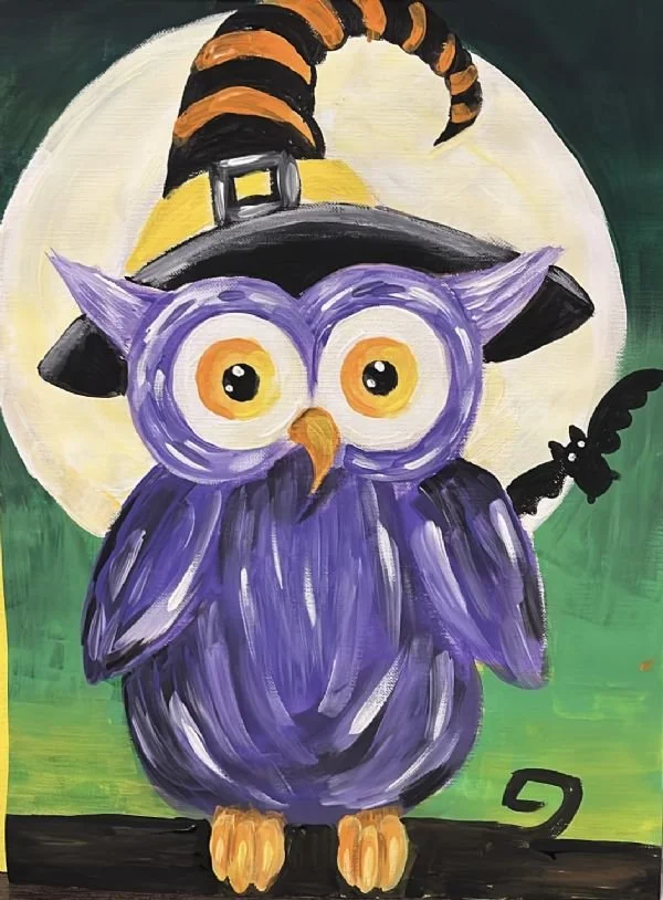 Image of a purple owl with an orange and black striped witch hat in front of a full moon.