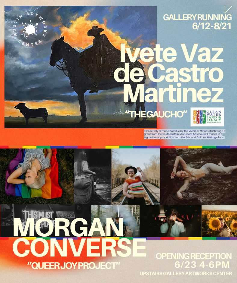 Image of a painting depicting a dark silhouette cowboy against a sunset sky, and assorted artistic photographs of joyful people.