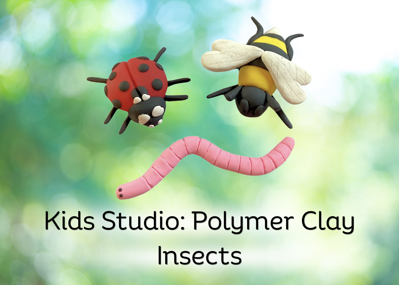 Image of polymer clay ladybug, bumblebee and worm