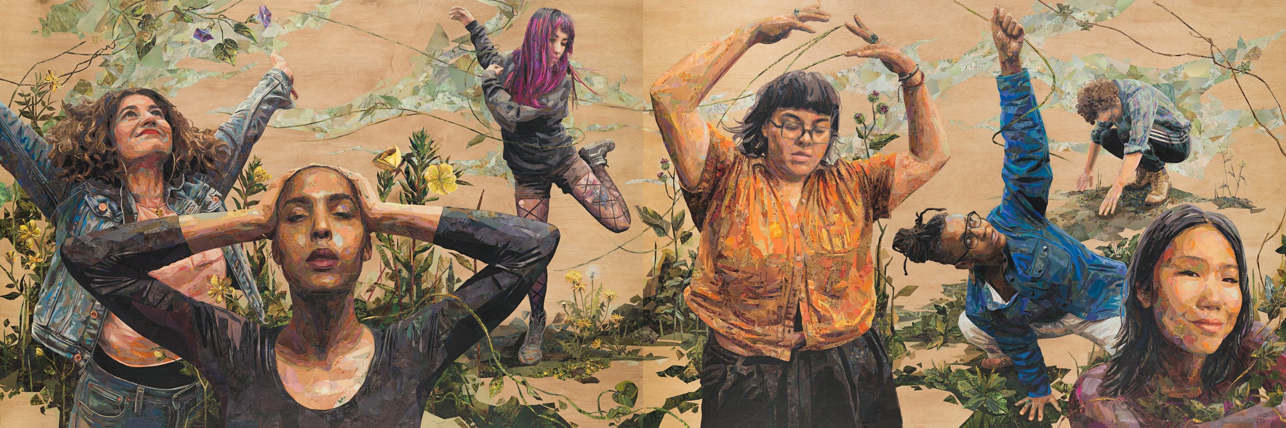 Image of artwork "Abundance" by Nell Pierce depicting multiple people in various dance poses with flowers and plant vegetation surrounding them