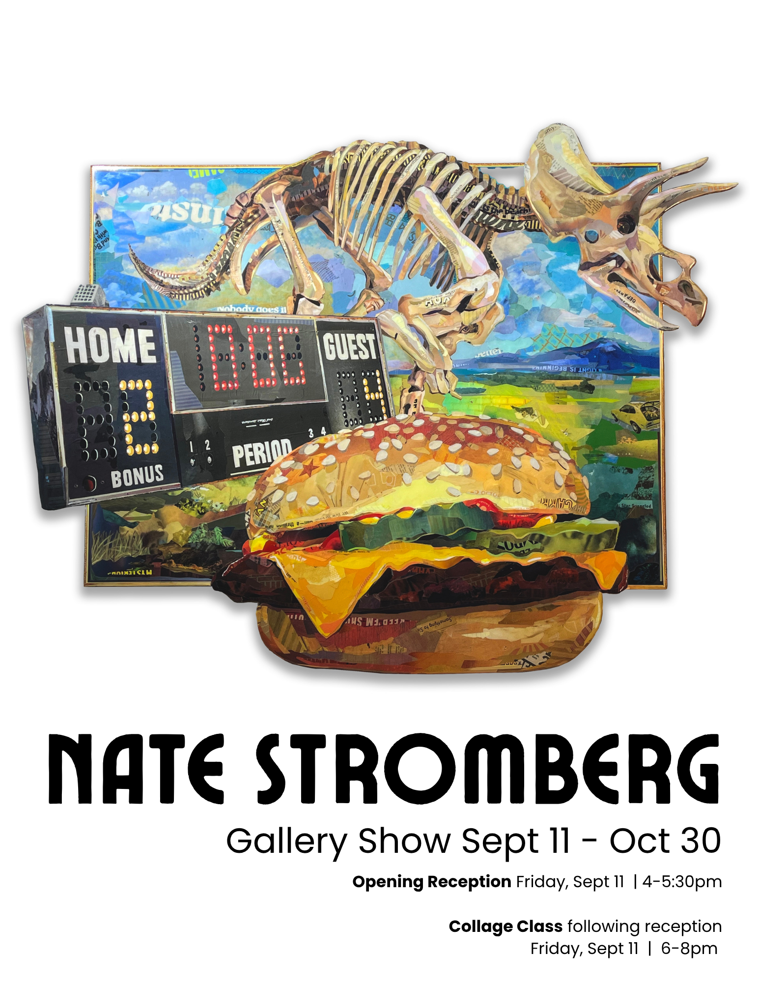 Collage featuring Triceratops skeleton, scoreboard and cheese burger