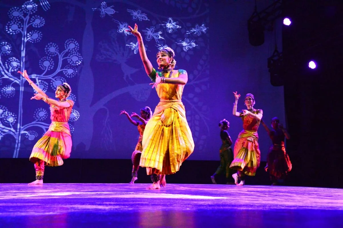 Image of dancers in brightly colored costumes holding a pose on a stage.