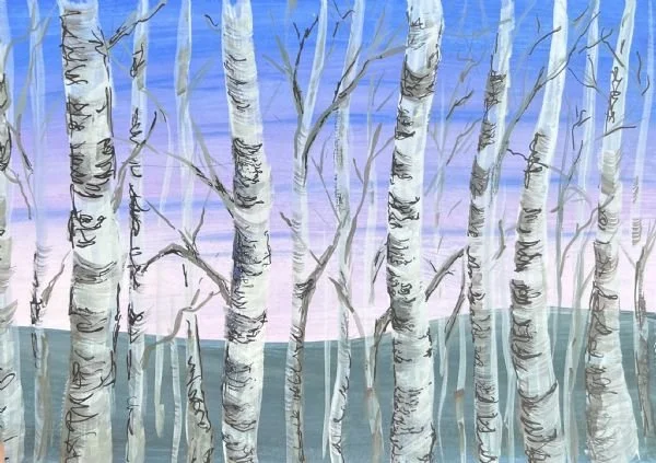 Pastel background with birch trees in the foreground