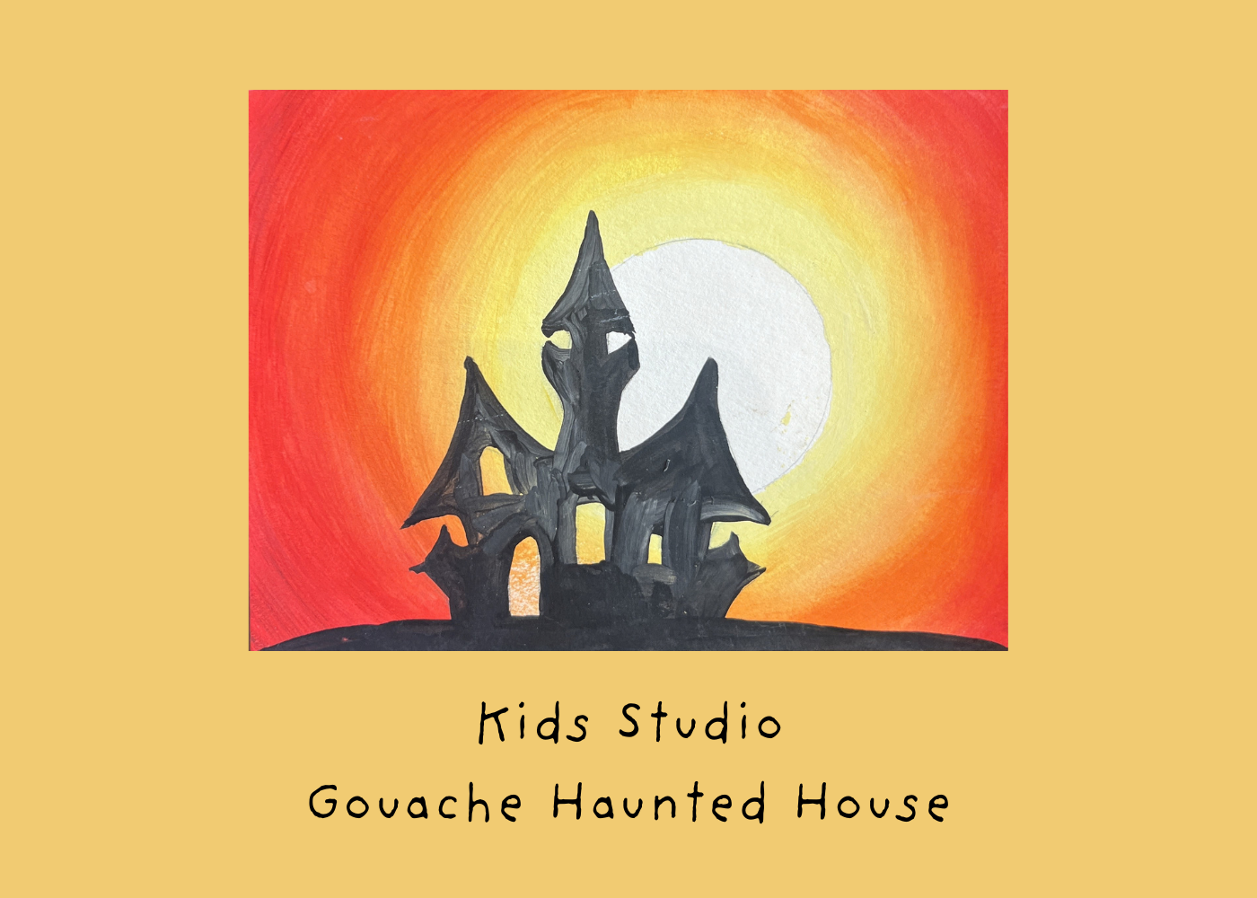 Painting of a spooky black house against an orange and moonlit red sky