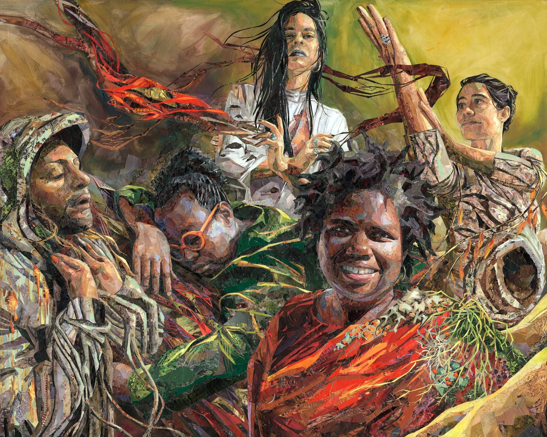 Image of artwork "The Whole Truth" by Nell Pierce depicting multiple people with various expressions and emotions, some with vines or other vine-like things wrapped around them