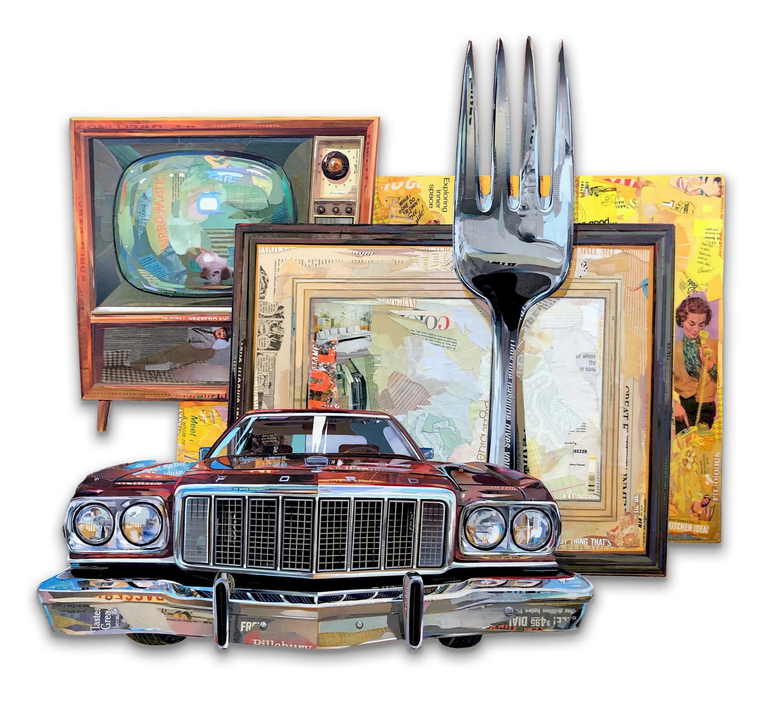 Collage featuring the front of an old car, a fork, an antique television set and paintings