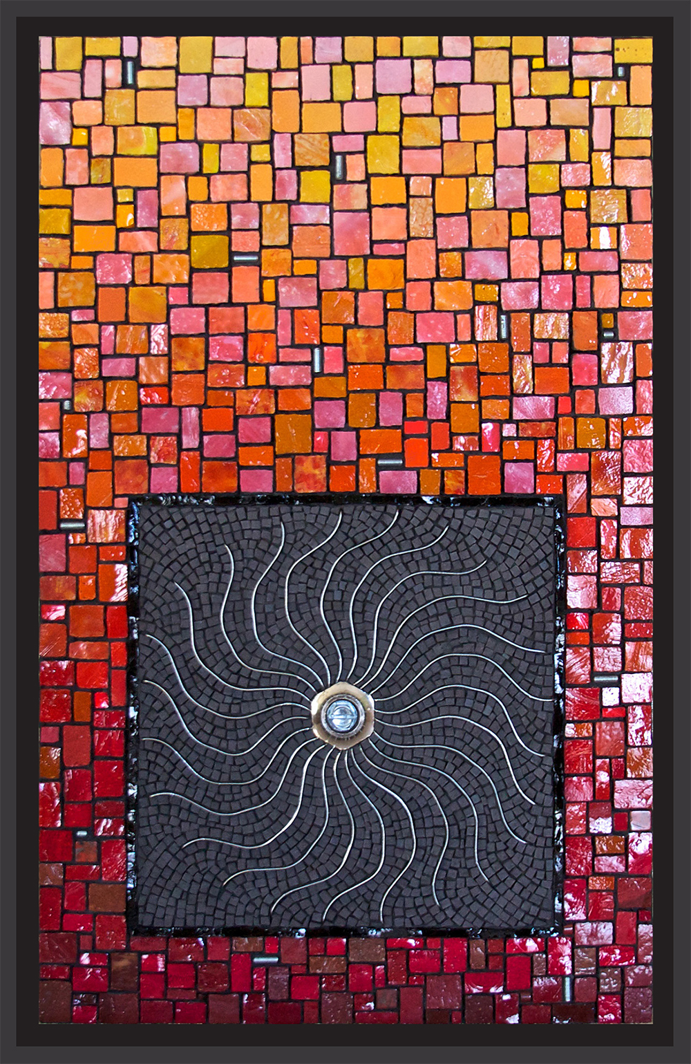 Impromptu in Red: Bad-Action Blade Wheel . 16" x 10" | 41cm x 25cm. Smalti, porcelain, vitreous, spring clips, hardware, jasper