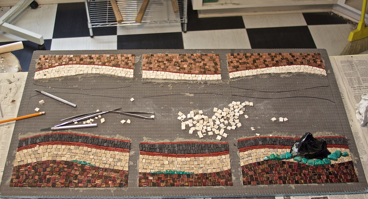 Loner , in progress. 20" x 36" | 51 cm x 91 cm. Vitreous, travertine, marble, obsidian specimen, amazonite