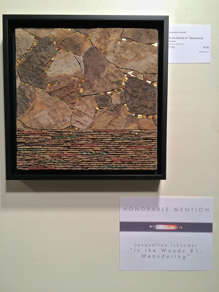 © 2015 In the Woods #1: Meandering 13.5" x 13.5" | 34 cm x 34 cm. Shale, mosaic gold, glass, porcelain