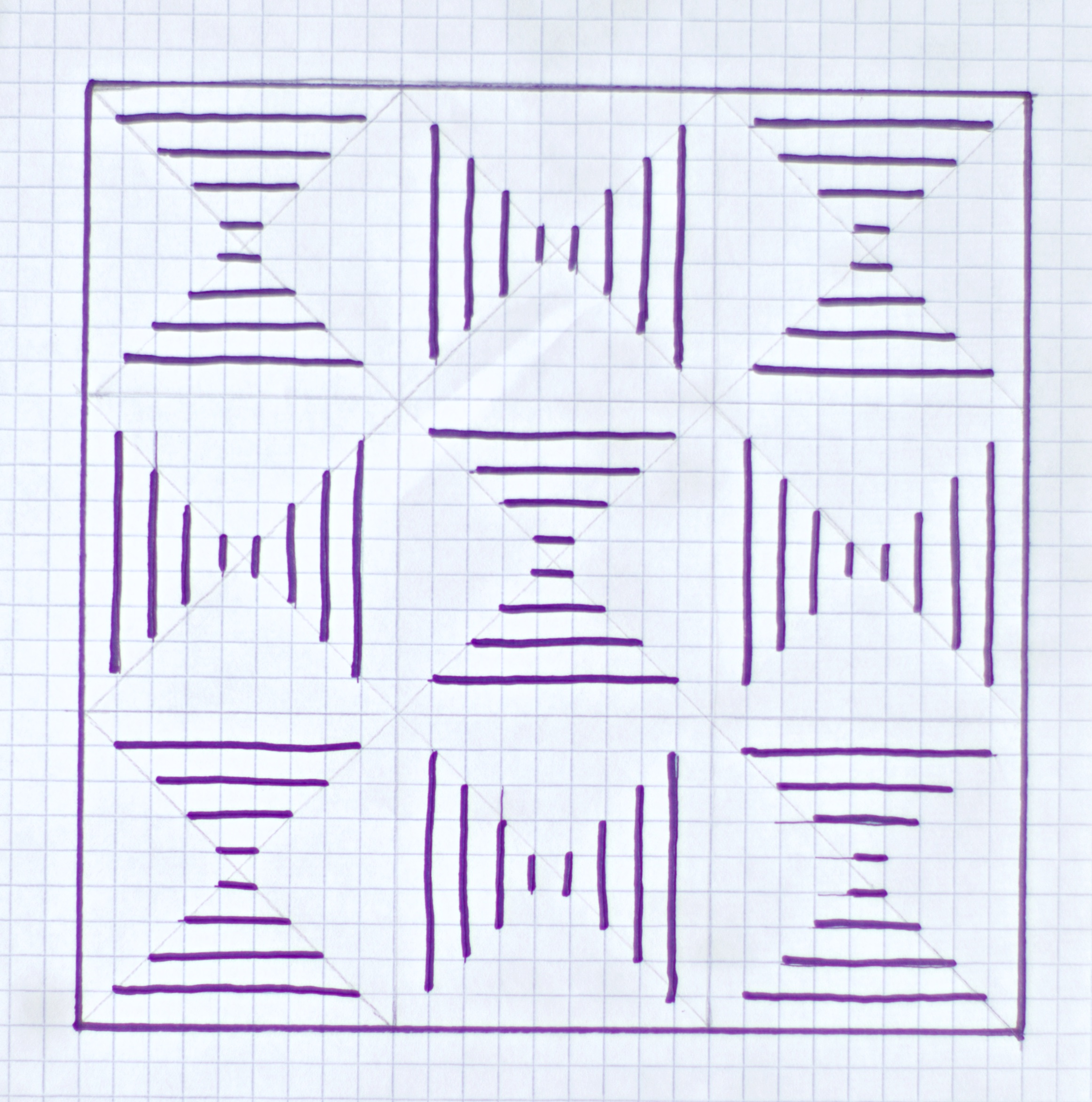 Rough drawing of the 30" x 30" very simple, repeating pattern. It is basically 9 squares, each 9" x 9", with an approx. 1.5" border around the edge. 
