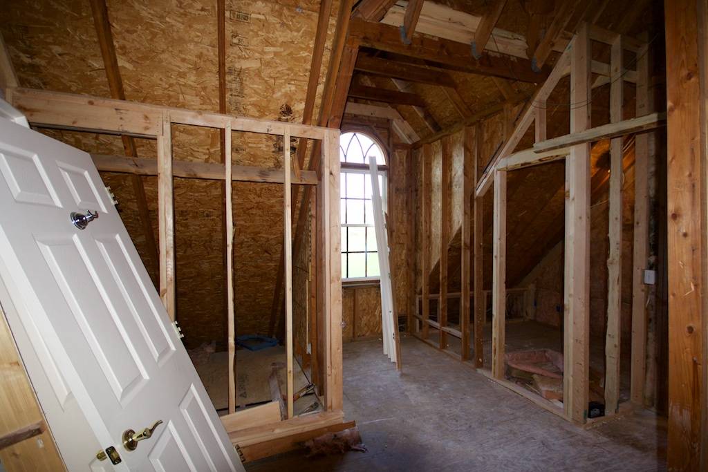 This photo was shot looking southwest, back toward the entry into the attic. That is a dormer window in the front of the house. I've got two new storage rooms, one on each side of the window, that have been framed out. These are intended for household storage, but I can't make any promises. Although we are losing our very large walk-in attic space for storage, we never used a lot of it. I'm not a hoarder. I'm the opposite of that. I have an aversion to clutter. Except for mosaic materials, I don't believe in keeping stuff. 