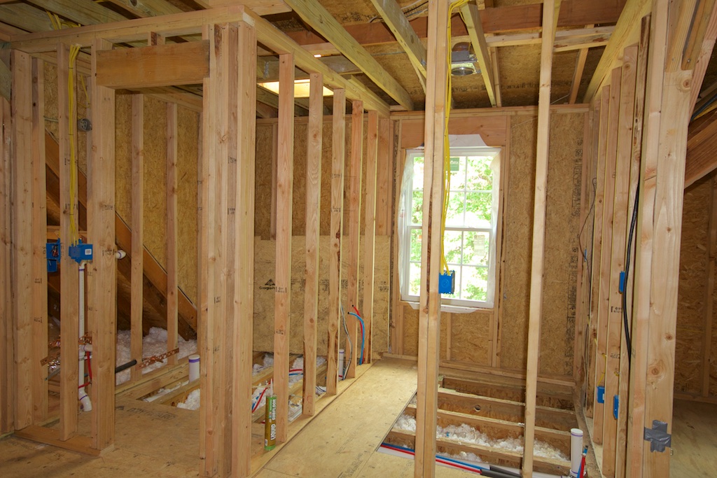 The bath and kitchen have been framed, and you can see the skylight in the bathroom, just to the left.