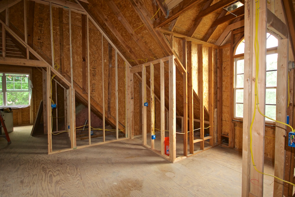 This pic shows just to the right of the previous pic. There is a nice attic dormer between the two new closets. I'll have some great wall space here.