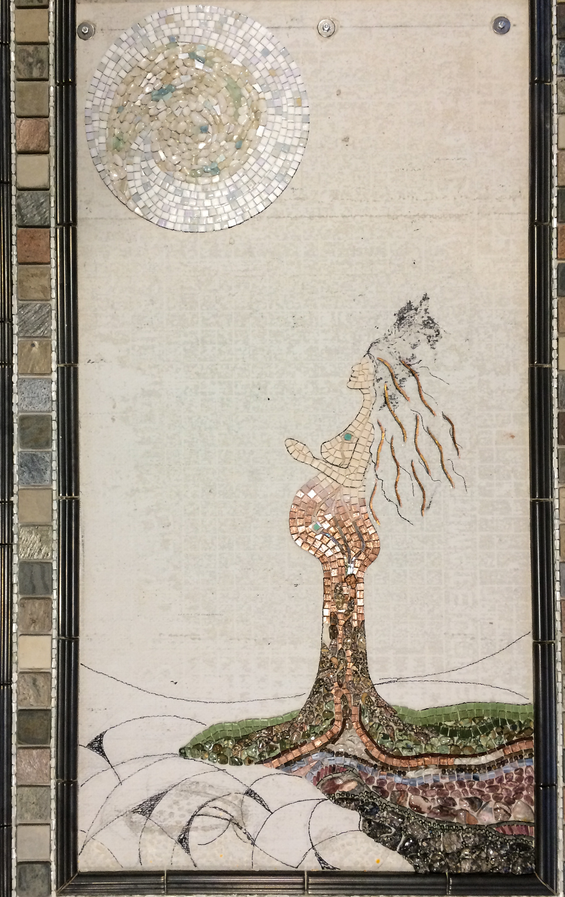 Fullness (1999-?) 5' x 3' | 152 cm x 91 cm. Vitreous, minerals, mother of pearl, slate, glass. The top, bottom, and right borders are cut off in the photo, as the piece was just too big for me to get it all at this time.