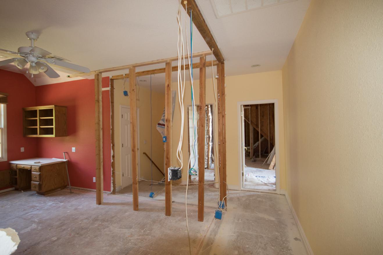  Construction has begun: Most of the bedroom on the left has been removed, opening up the end of the hall. 