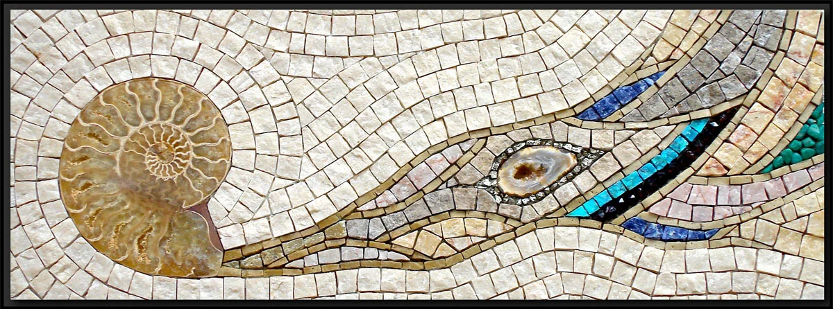 Old Testament (2007) 7" x 16" | 18cm x 41cm. Marble, smalti, pyrite, geode, ammonite fossil, sodalite, turquoise, garnet, ammonite