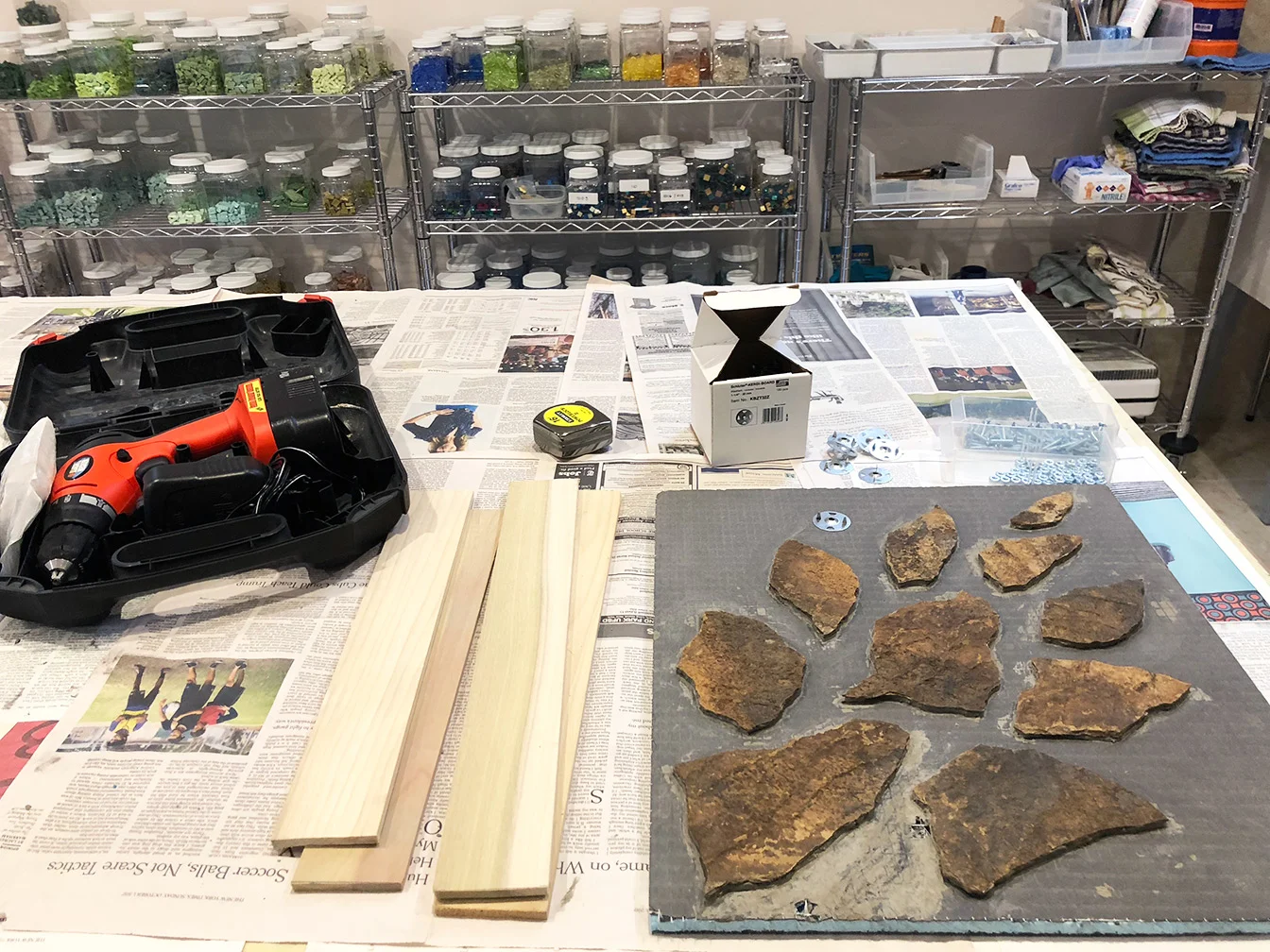Paths Taken , in progress: Getting Started 18" x 16" | 46cm x 41cm. Shale, smalti, maybe some gold