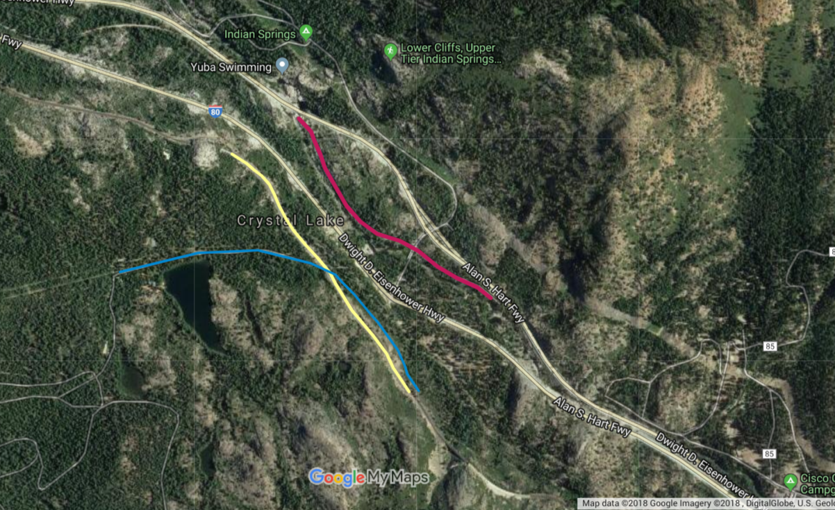 On this map you can see the amazing number of trail and routes through this narrow gap in the mountains. The red line is the lost section of Highway 40 we walked. The blue line in the Emigrant Trail and the original alignment of The Lincoln Highway. The yellow line is The Union Pacific Railway, and the white lines are the two sections, eastbound and westbound of Interstate 80. What’s no shown is the oil pipeline and cable lines that also transverse this spot. Amazing place!