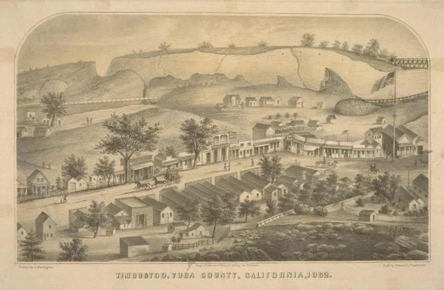 Timbuctoo in 1862. The stage is passing in front of Stewart’s Wells Fargo Store.