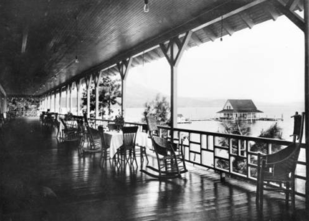 View of what appears to be the Tallac Casino Veranda overlooking Lake Tahoe, ca.1910