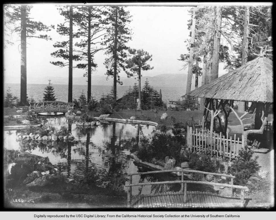 Pond and two log bridges at the Tevis Estate at Lake Tahoe, ca.1910