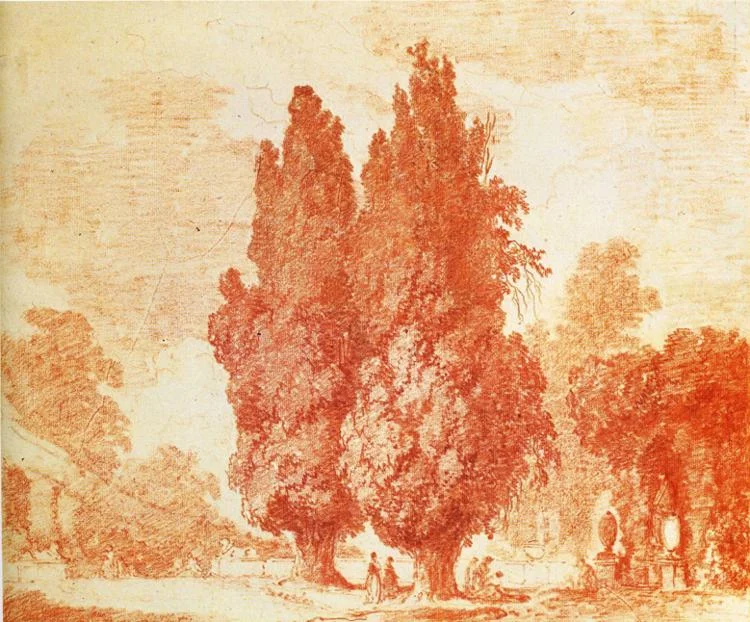 Fragonard, Sanguine, Jardin Italien avec Cyprès, 1774