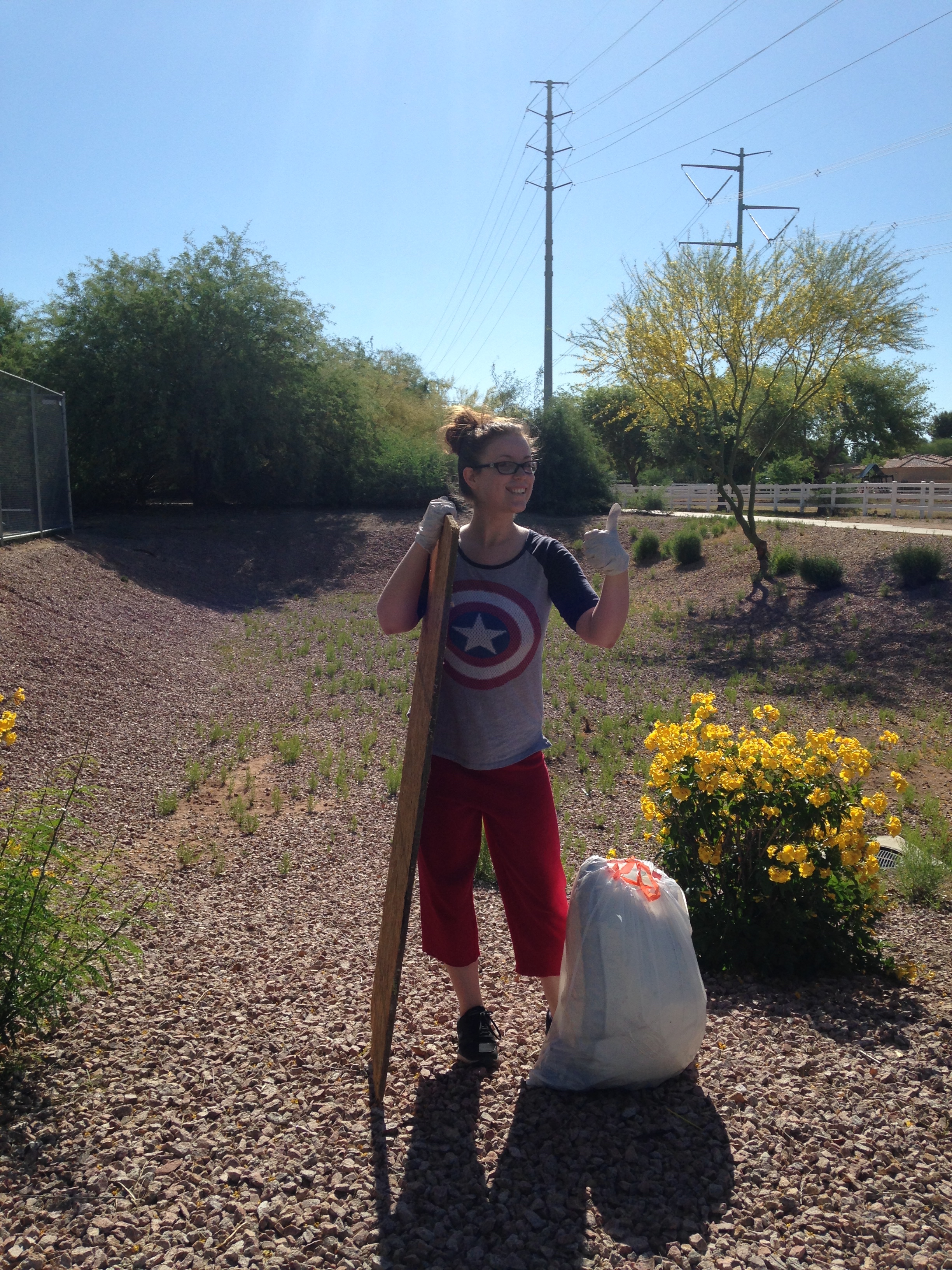 Shawna picked up scattered trash along a trail at the Gilbert Riparian Preserve.