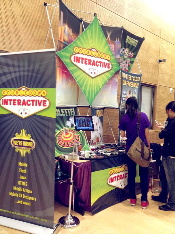A set of promotional canvas signs for a trade show set-up.