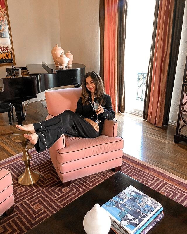 Our client, interior designer  @maebrunken is kicking off the Memorial Day weekend with champagne and pajamas in her beautiful Beachwood Canyon home in the Hollywood Hills 🥂How are you sheltering in style? #mdw #dcpr .
.
.
.
.
.
#losangeleshomes #be