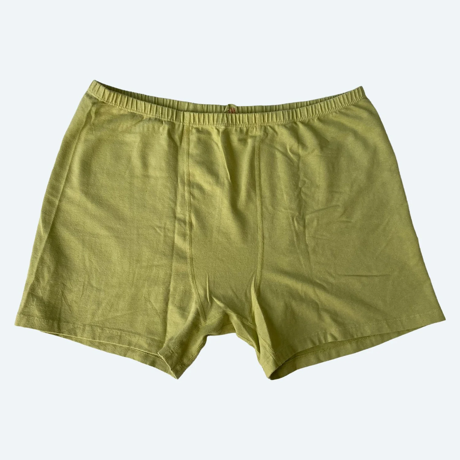 Flat lay of Pansy stretch shorts in avocado green on a pale blue-gray background.