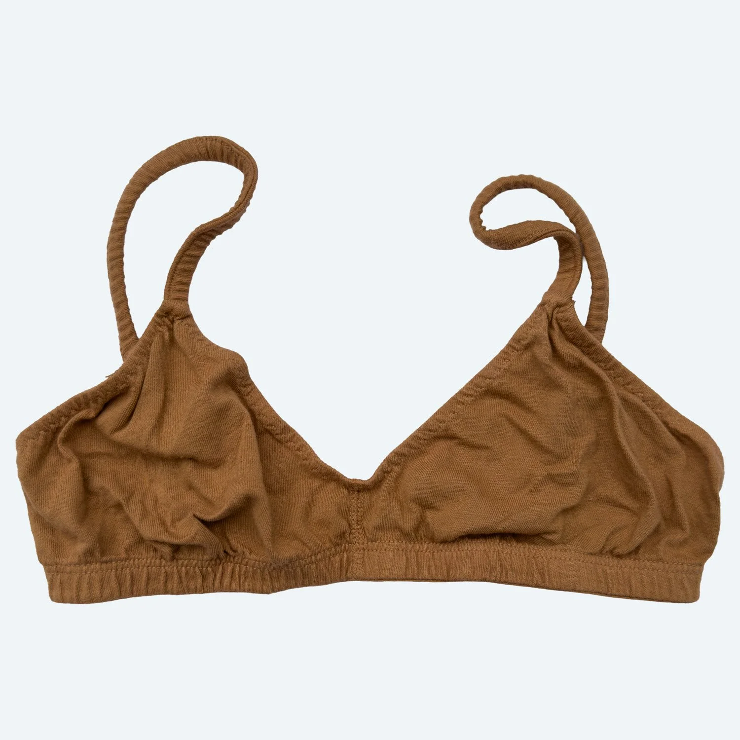 Front view of the Pansy organic cotton Bra in Almond brown, laid flat.