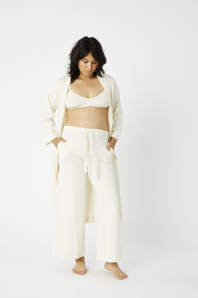 Pansy organic cotton robe in Natural, worn open with matching Pansy pants.