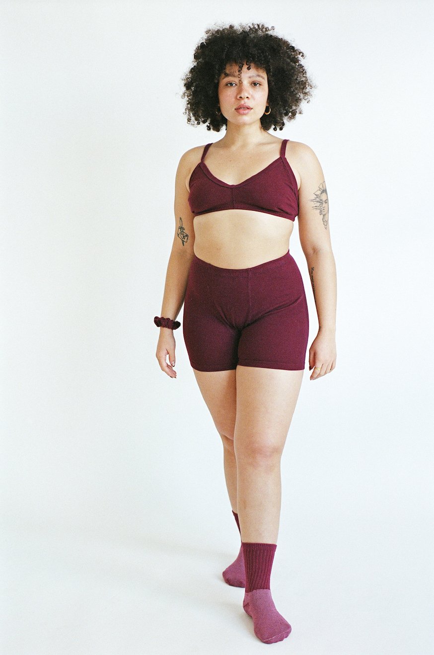 Wide shot of Pansy's USA-made organic cotton stretch shorts.