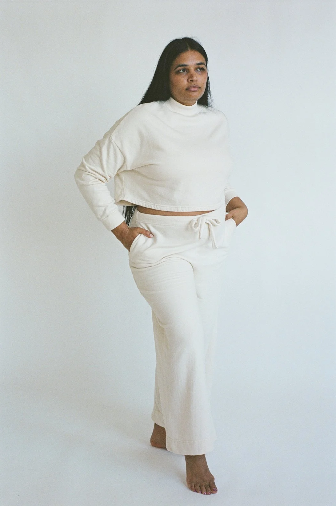 3/4 front view of Pansy Fleece Pants with bent knee.