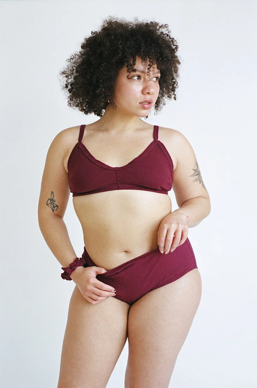 Pansy's US-made, organic cotton Smile Bra in Wine.