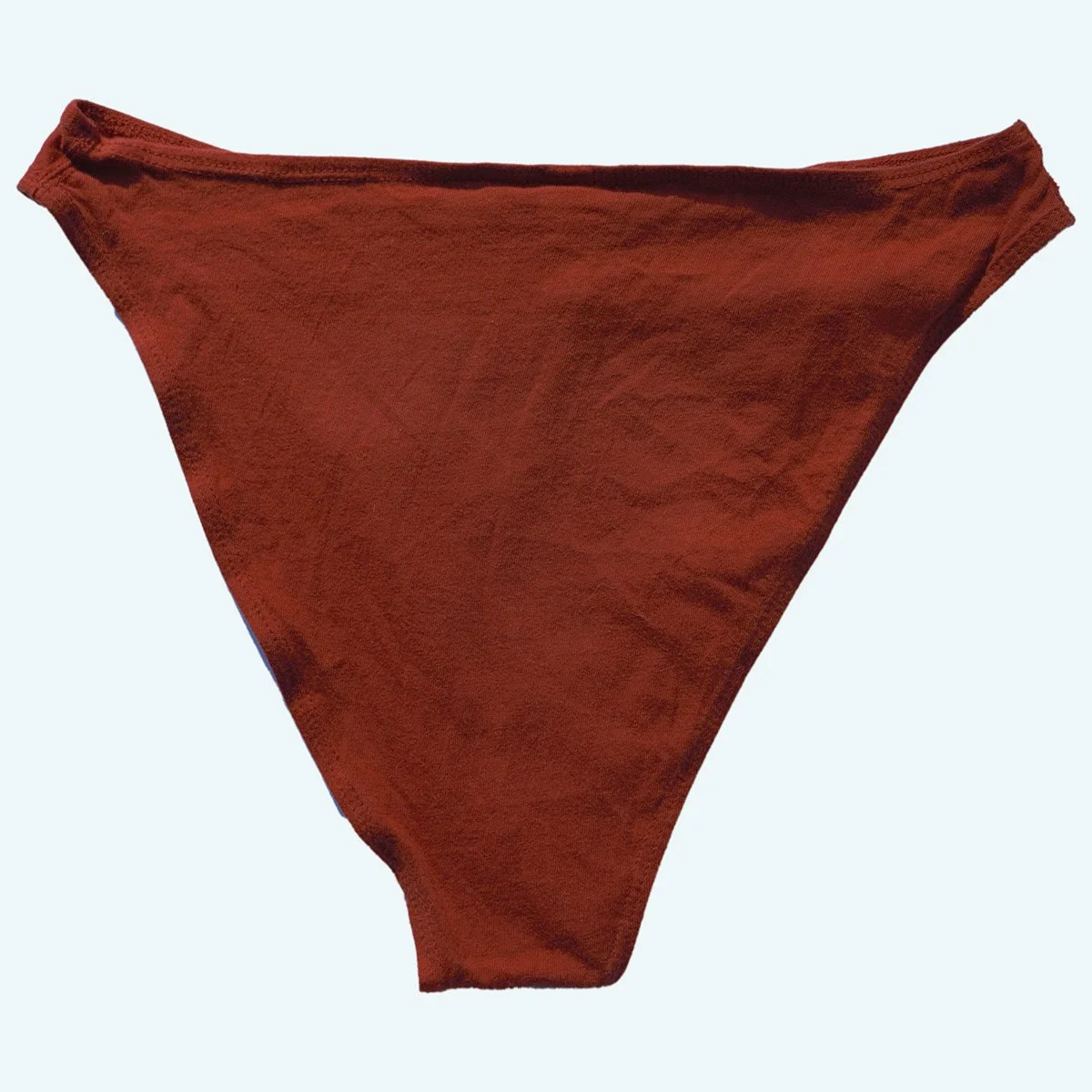 Pansy organic cotton French cut underwear in rust, product flat photograph, viewed from the back.