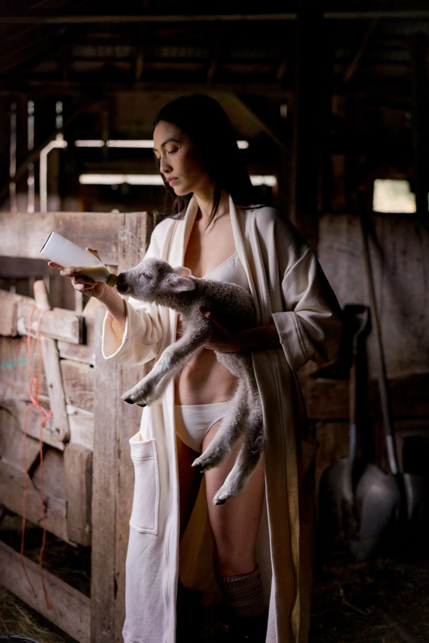 A model in cream underwear and an open robe bottle-feeds a gray lamb in a wooden barn.