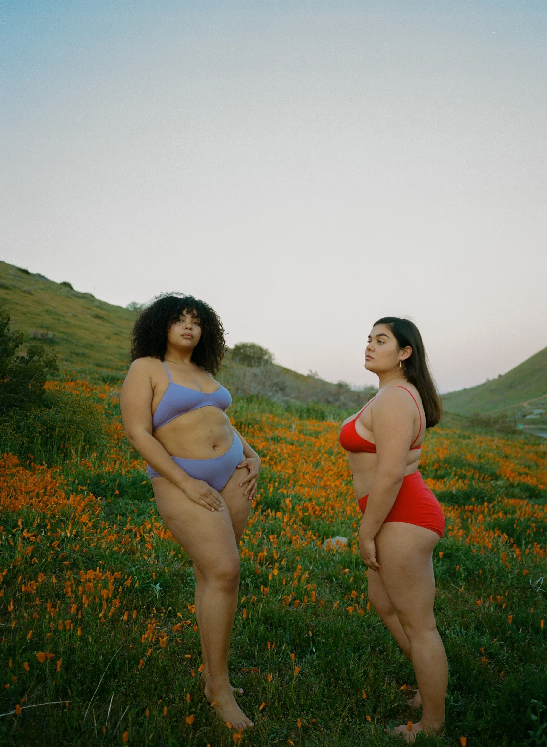 Two models in lilac and red bras and briefs stand among orange poppies between green hills.