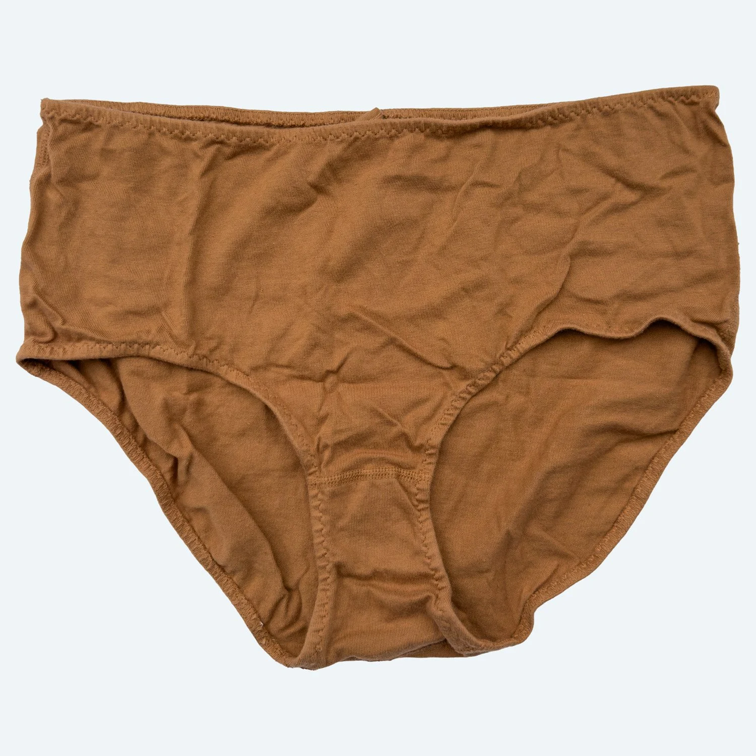 Front view of Pansy organic cotton High Rise underwear in Almond, laid flat to show the waistband and full-coverage shape.