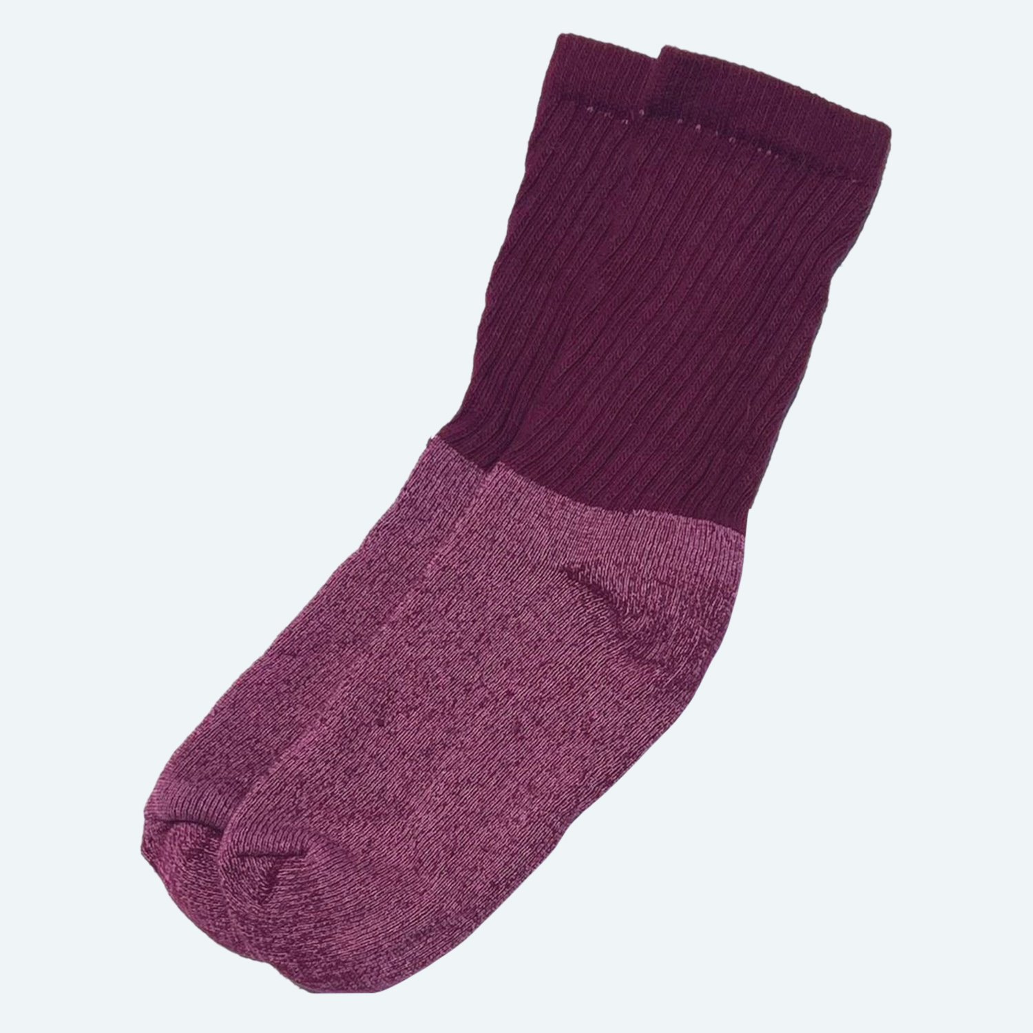 Pansy organic cotton tube socks in Wine, laid flat with ribbed cuffs.
