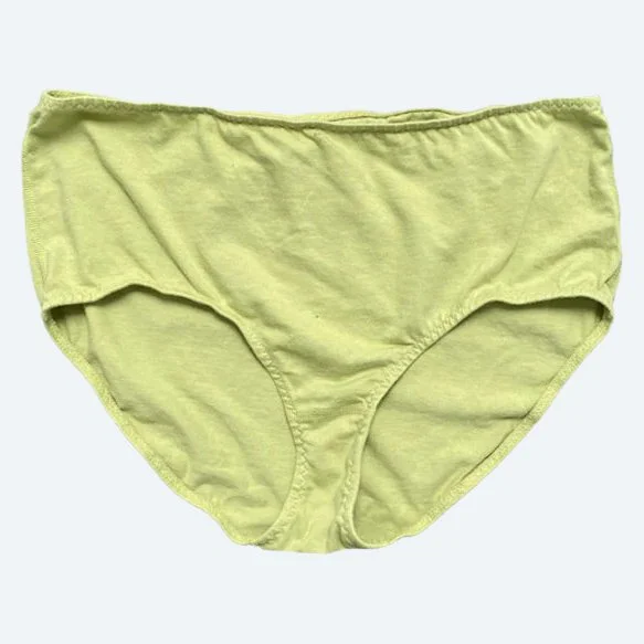 Flat lay of Pansy high rise underwear in avocado green on a pale blue-gray background.