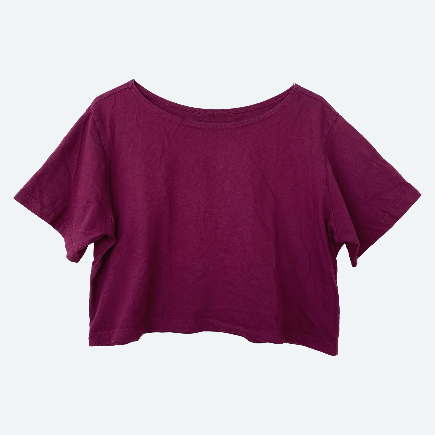 Front view of the Pansy organic cotton Crop Top in Wine, showing its wide neckline and short sleeves.