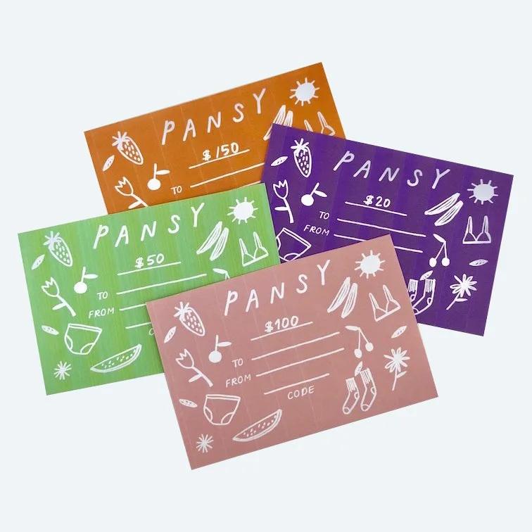 Four overlapping Pansy gift cards in orange, purple, green and pink, illustrated with fruit, flowers and underwear.