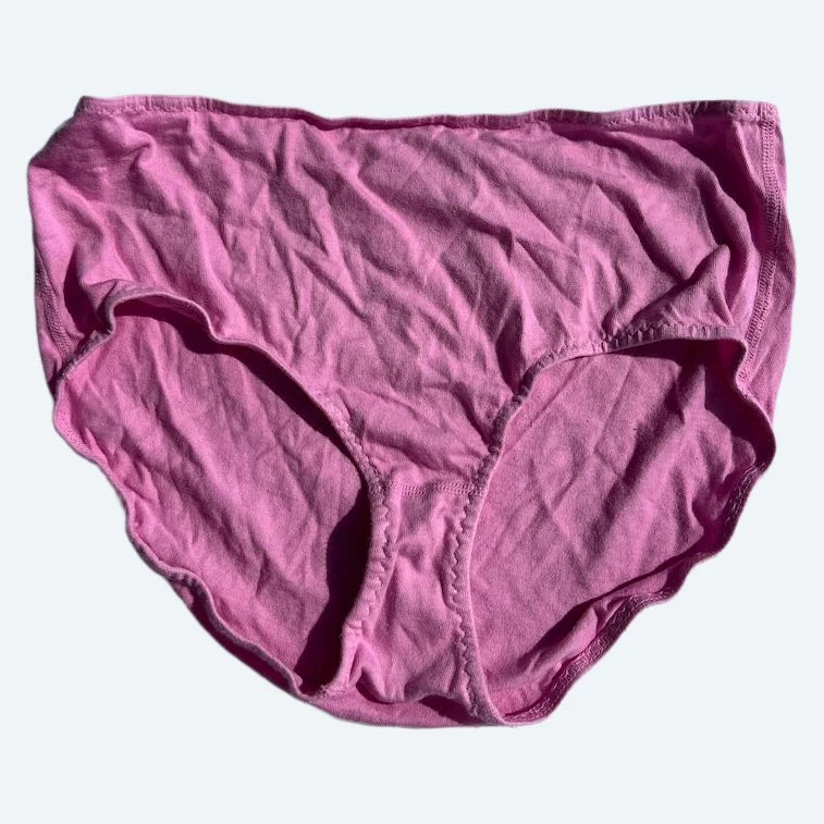 Flat lay of Pansy high rise underwear in sherbet pink on a pale blue-gray background.