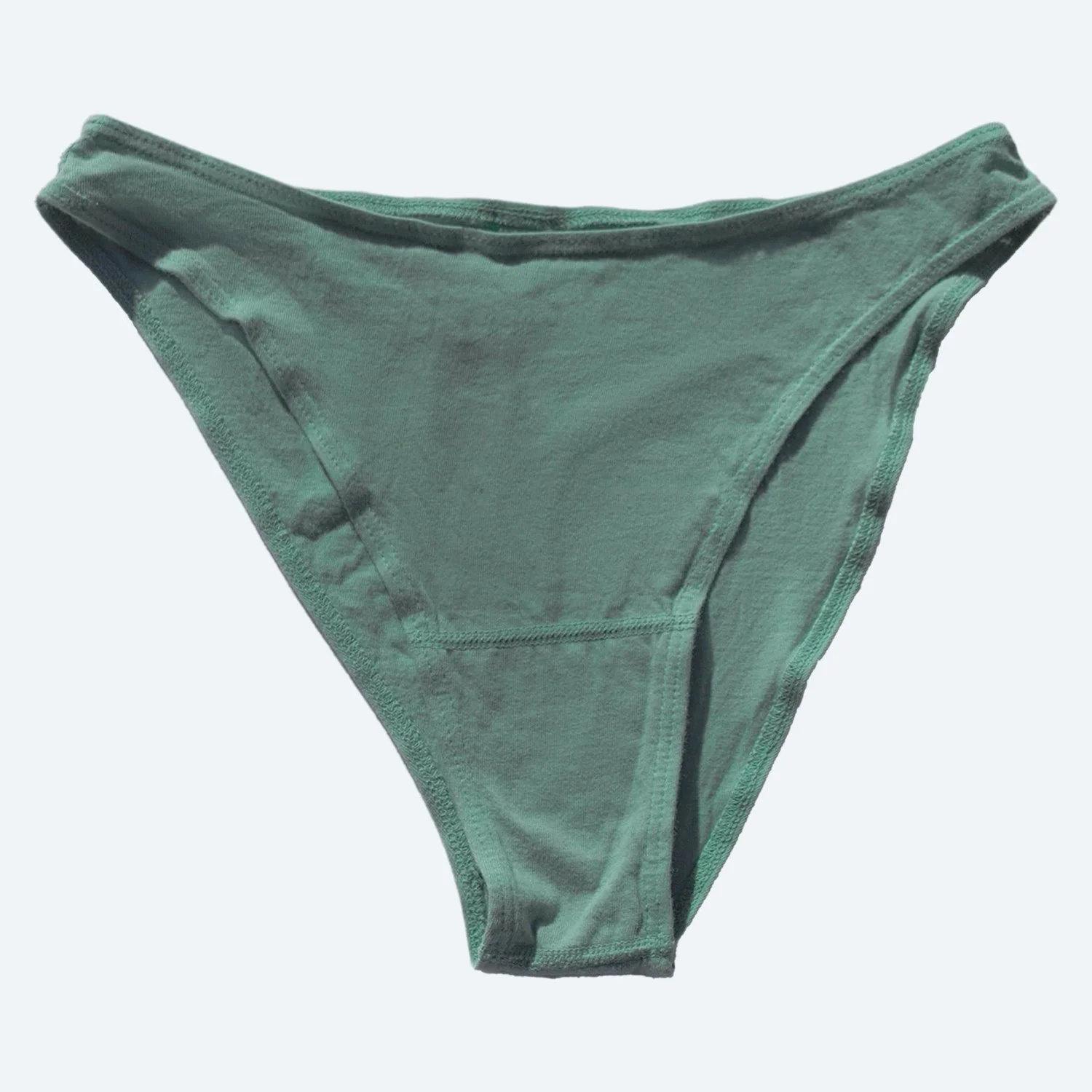 Front view of Pansy organic cotton French Cut underwear in Mermaid green, laid flat to show the high-cut leg openings.