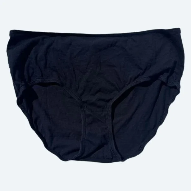Flat lay of Pansy weird high rise underwear in black on a pale blue-gray background.