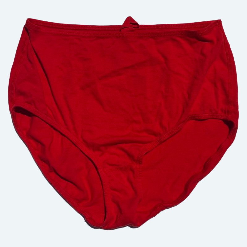 Flat lay of Pansy short xtra high rise underwear in red on a pale blue-gray background.