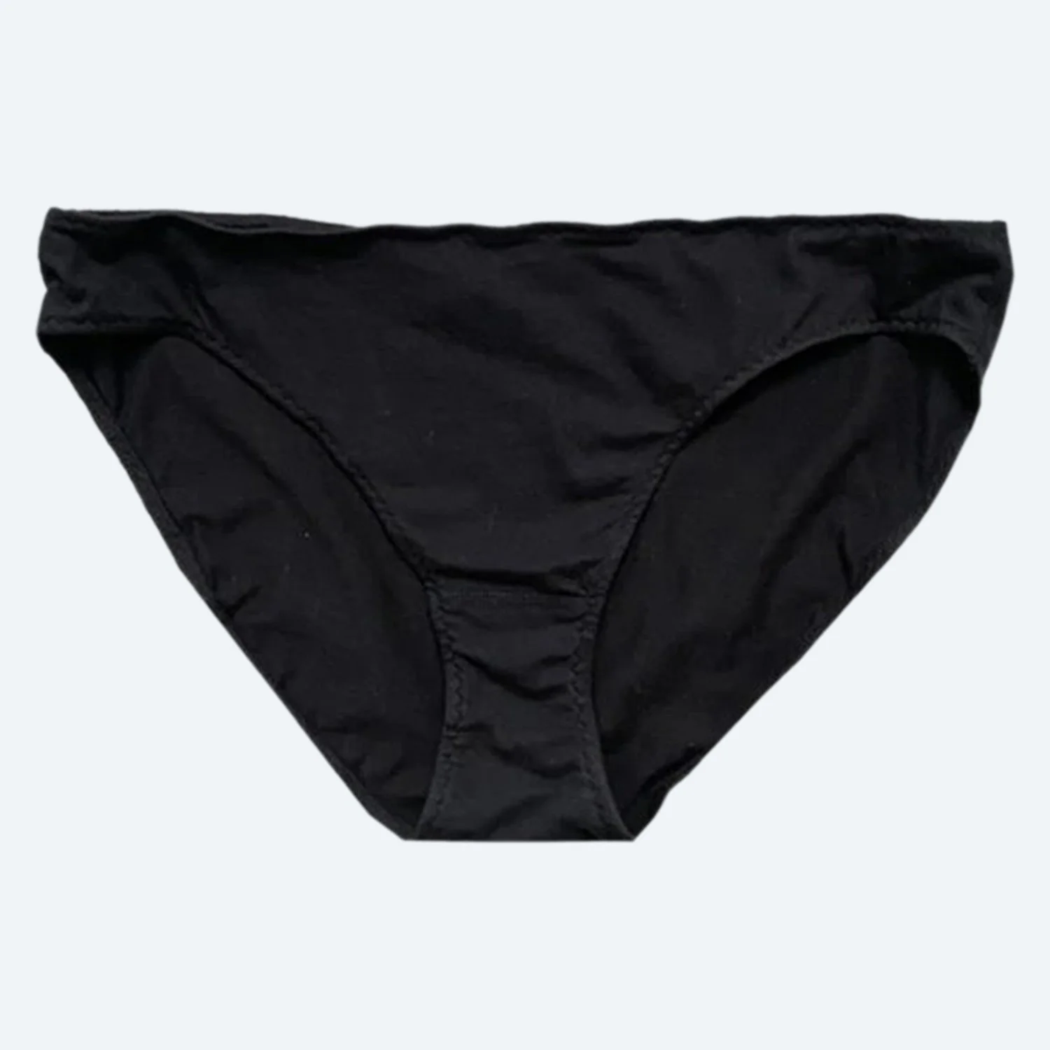 Front view of Pansy organic cotton Low Rise underwear in Black, laid flat to show the low waistband and curved leg openings.